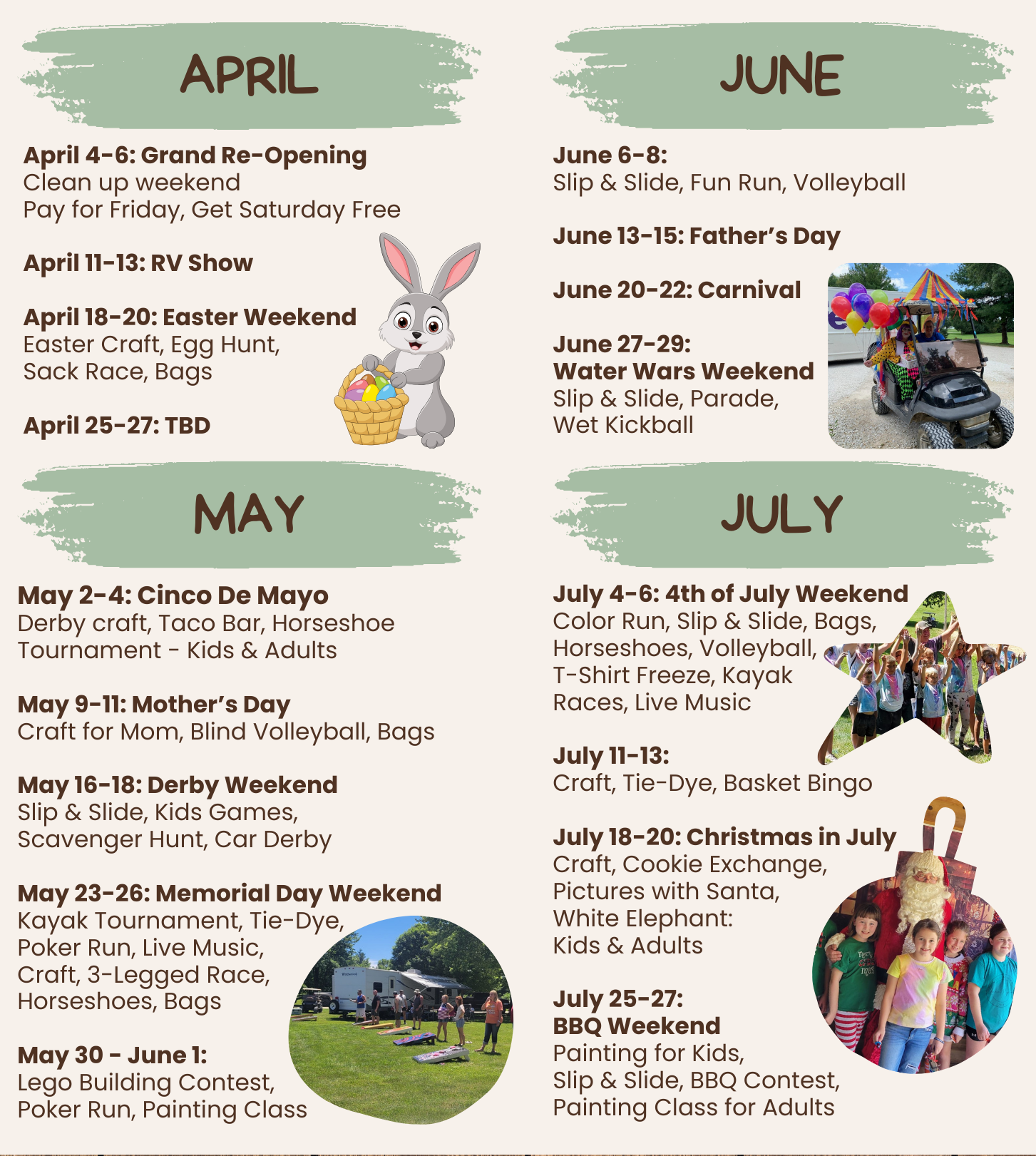 April - July 2025 Calendar of Events for Crazy Horse Campground in Ashland IL