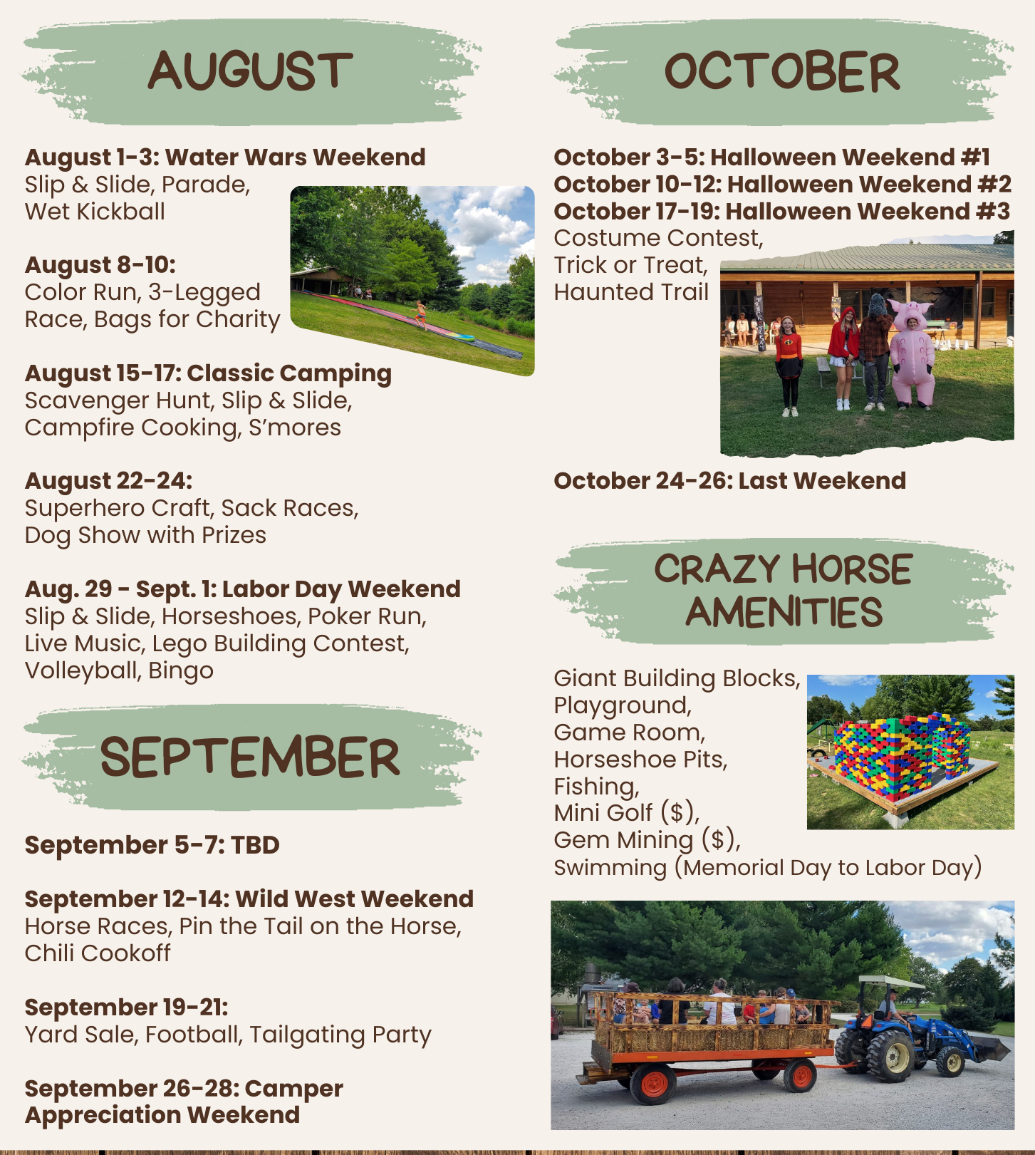 August - October 2025 Calendar of Events for Crazy Horse Campground in Ashland IL